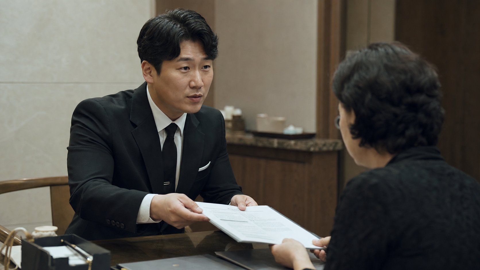 유가족에게 행정 서류를 정리해 건네며 절차를 안내하는 장례지도사