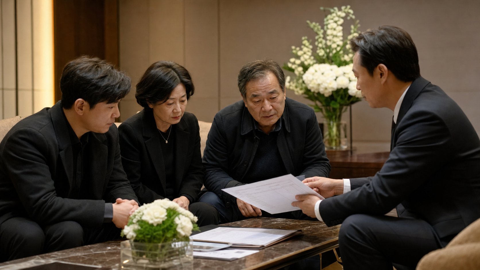 상담실에서 항목별 견적서를 살펴보며 장례지도사와 비용을 의논하는 가족