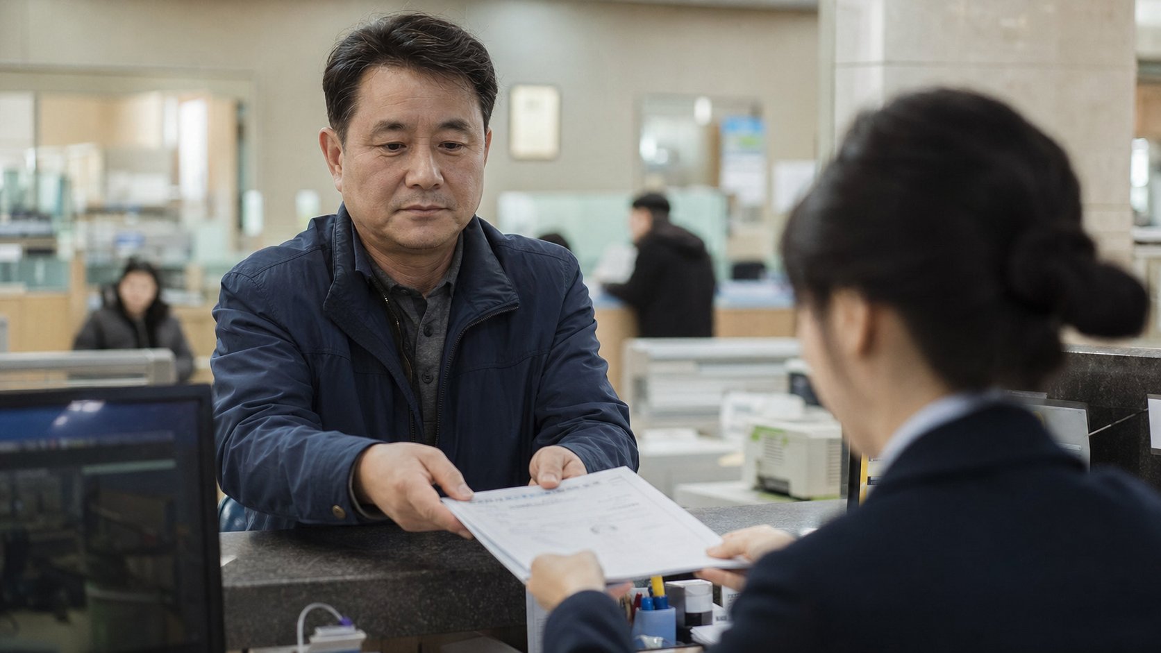 자동차 등록 창구에서 명의이전 서류를 제출하는 유가족
