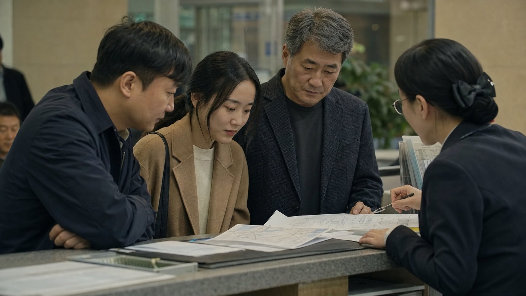 등기소에서 부동산 상속 등기 서류를 상담받는 가족