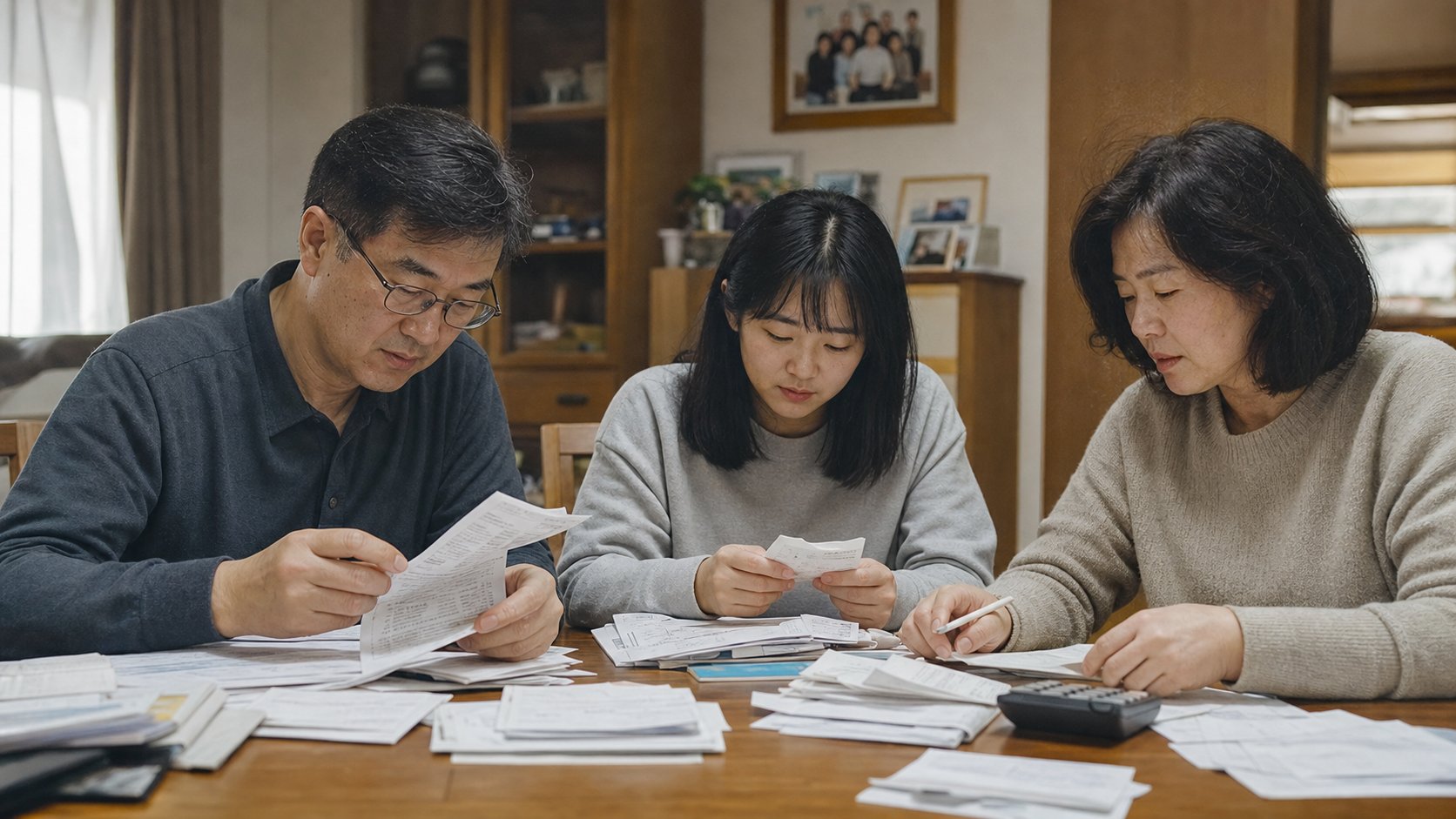 세무 서류와 영수증을 정리하며 신고를 준비하는 가족