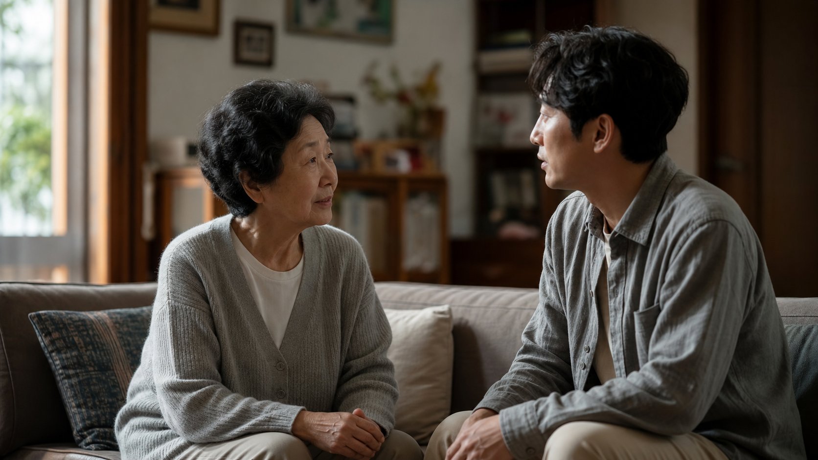 거실에서 삶의 마지막에 대해 대화하는 부모와 자녀