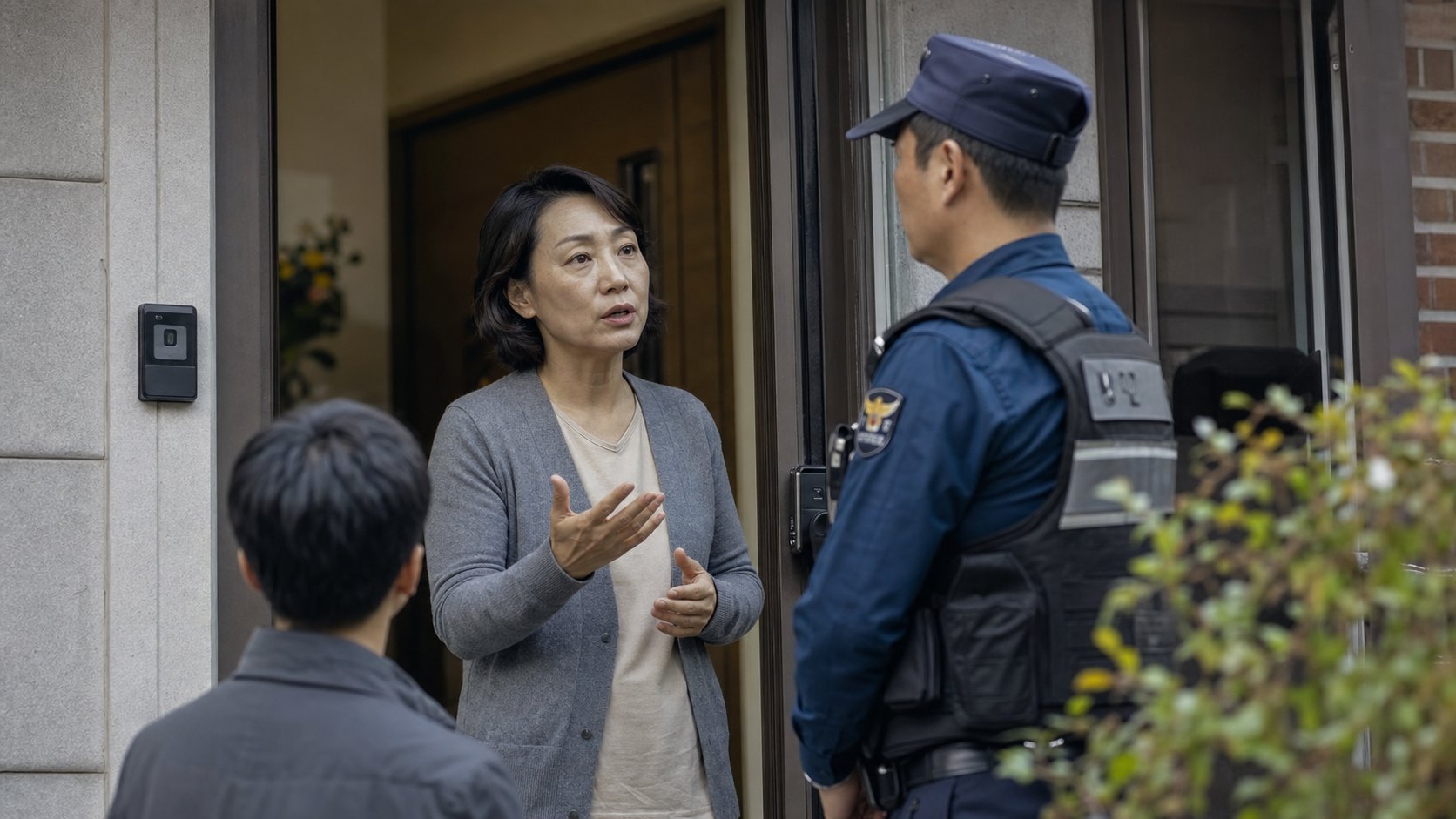 자택 현관에서 경찰관에게 상황을 설명하는 가족