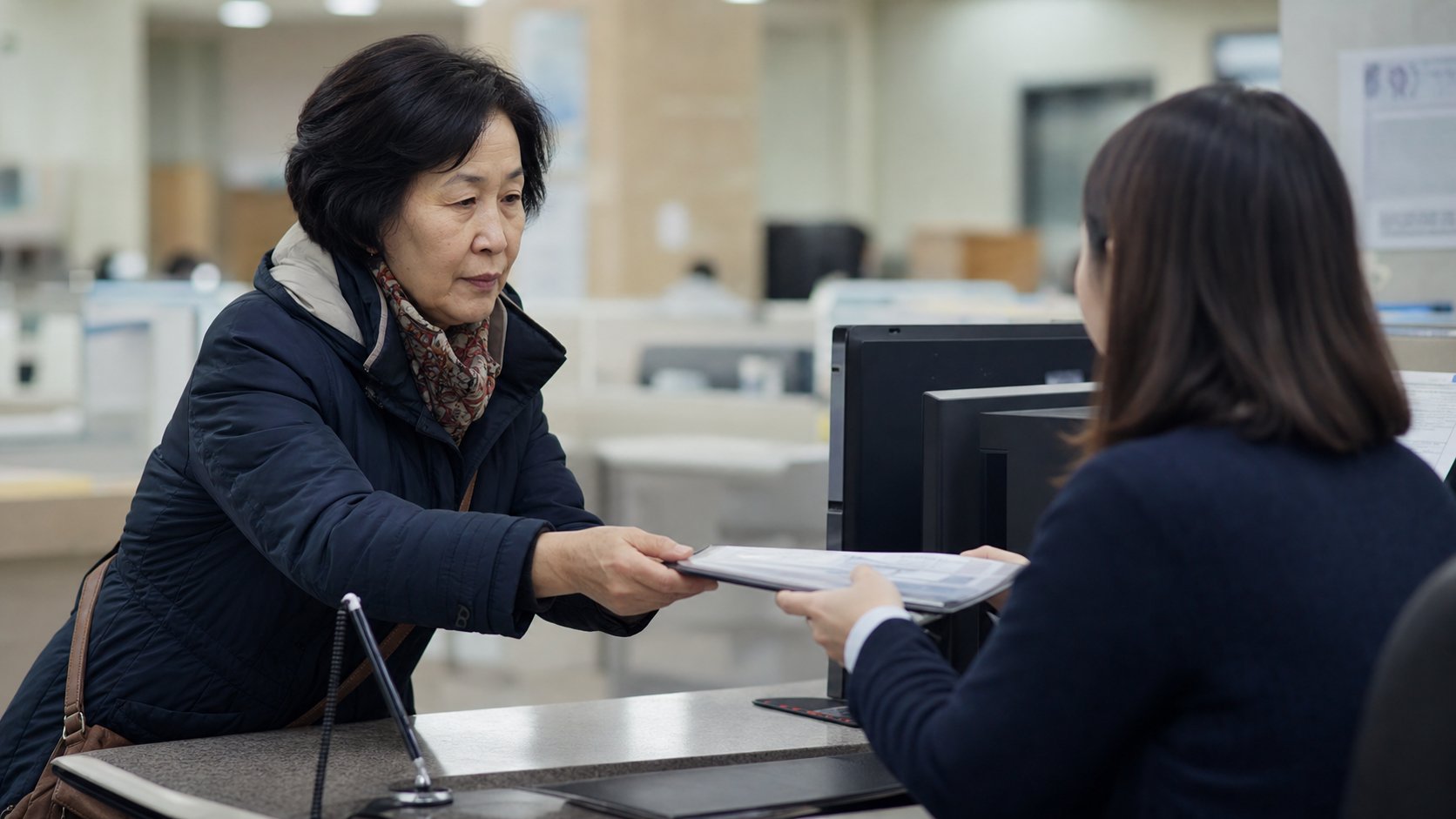 공단 창구에서 산재 관련 서류를 상담받는 유가족