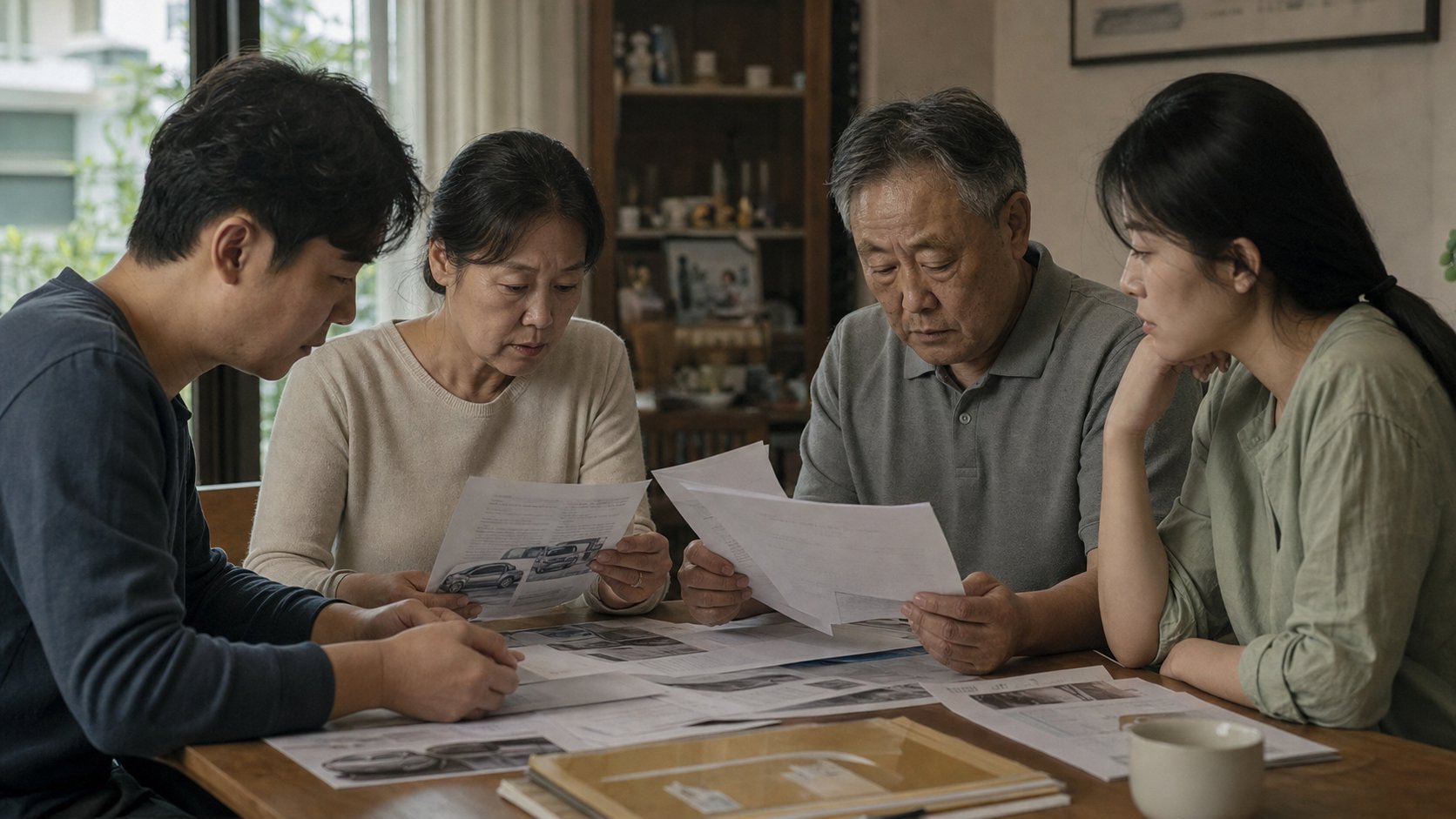 사고 관련 서류를 정리하며 의논하는 가족