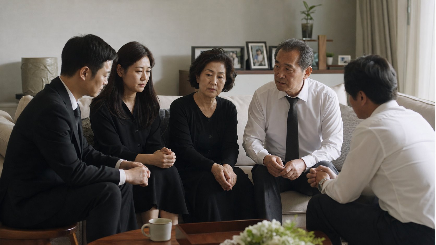 거실에 모여 장례 방식을 의논하는 가족