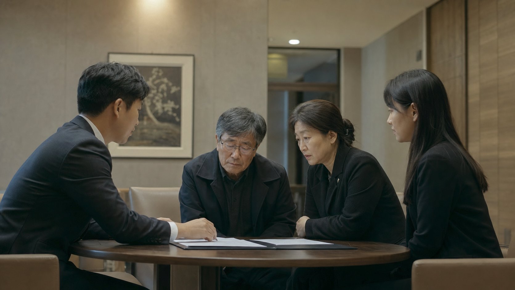 장례식장 상담실에서 항목별 견적서를 살펴보는 가족