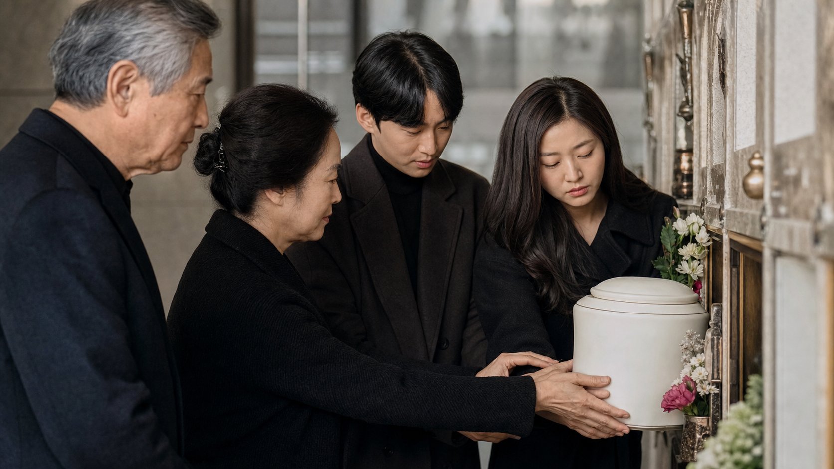 봉안 시설에서 유골함을 모시며 추모하는 가족
