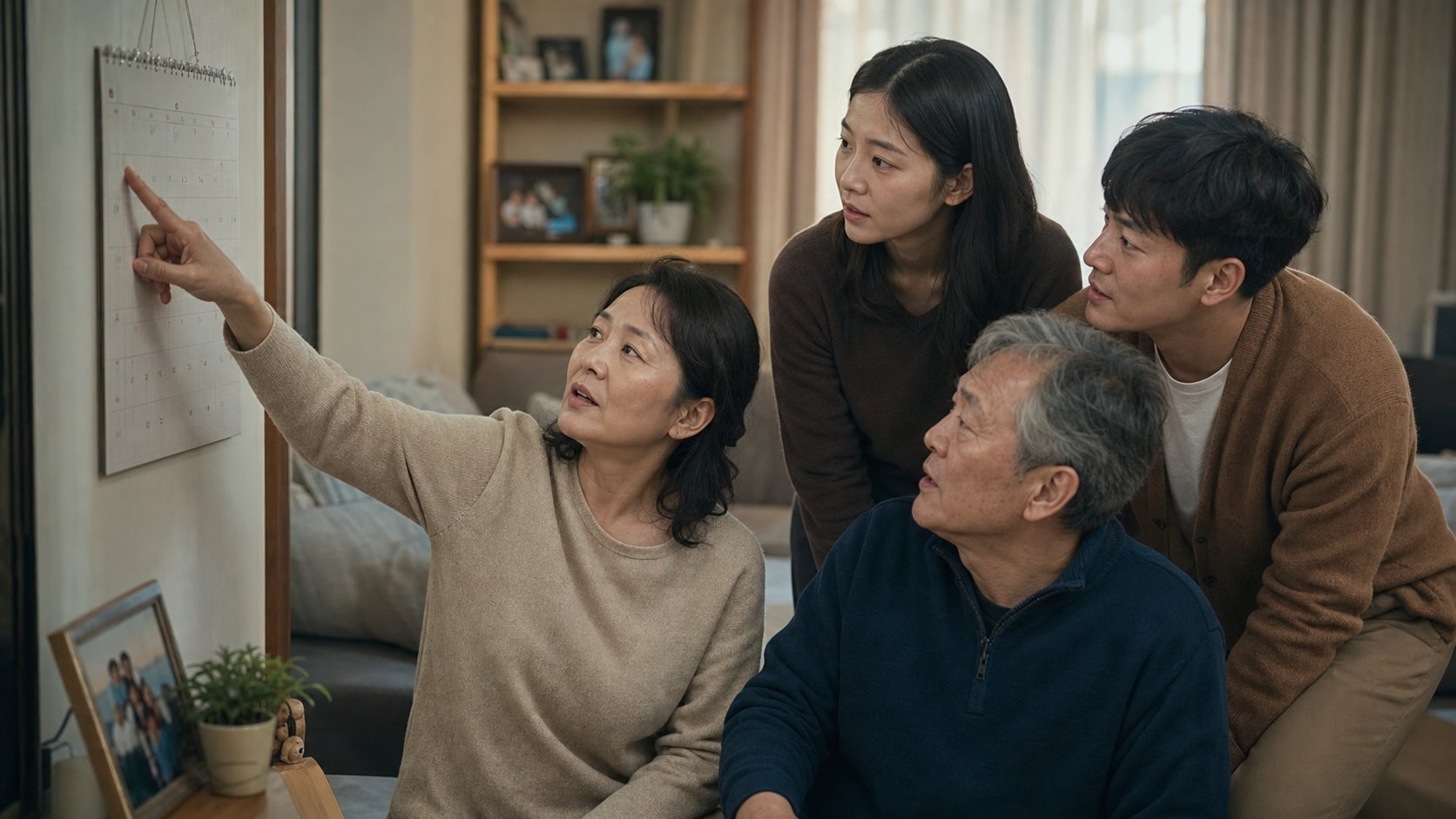 달력을 보며 일정을 의논하는 가족