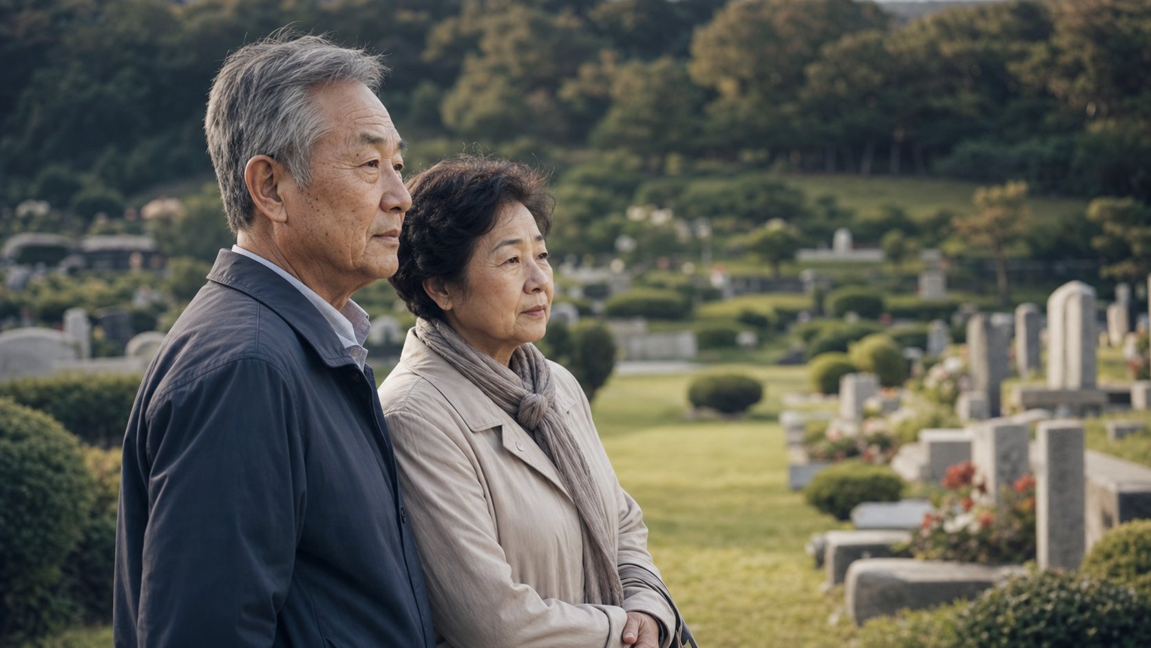 잘 관리된 평온한 묘역을 둘러보는 가족