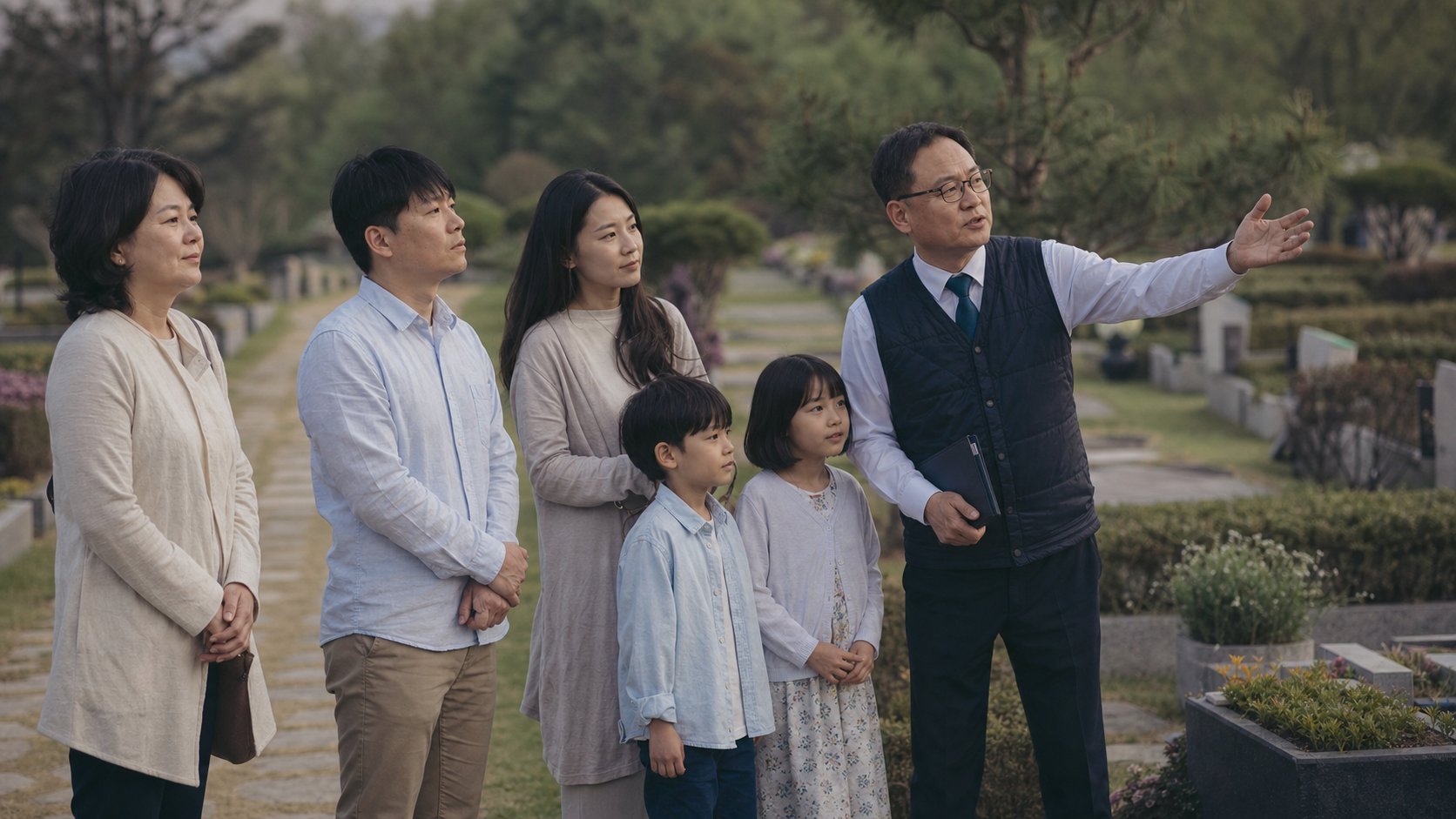 추모공원 산분 구역을 안내받는 가족