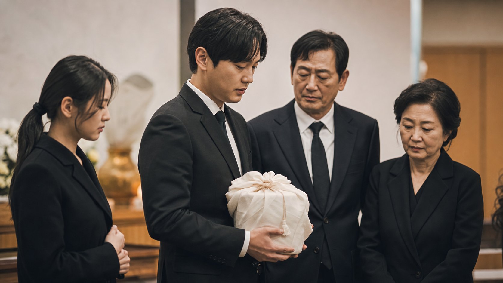 유골함을 정성스럽게 든 가족의 모습