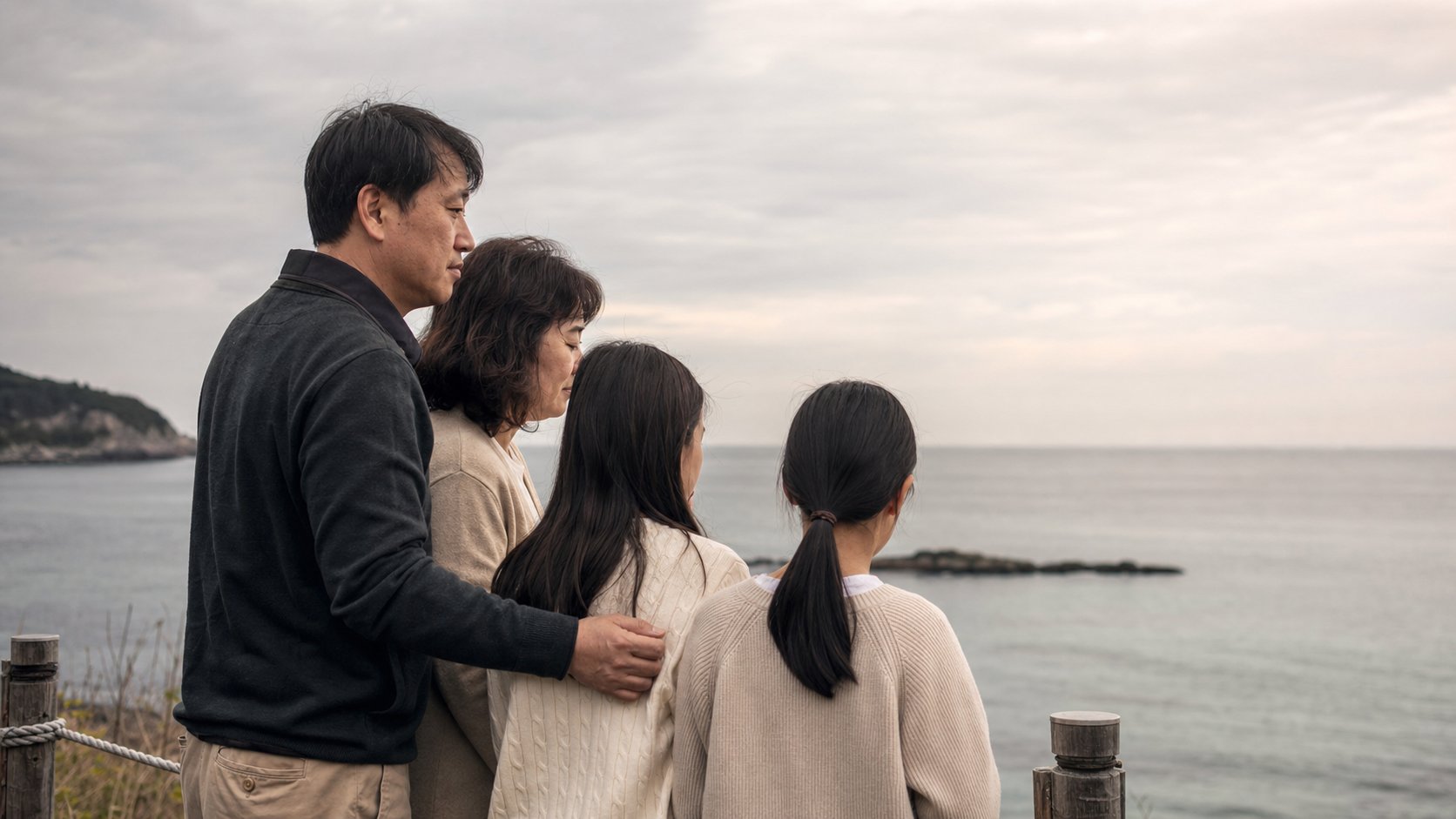 바다를 바라보며 고인을 추모하는 가족
