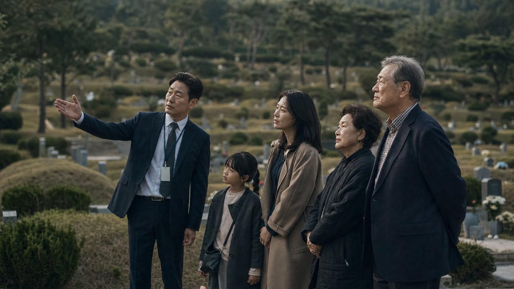 공원묘지에서 묘역을 안내받는 가족