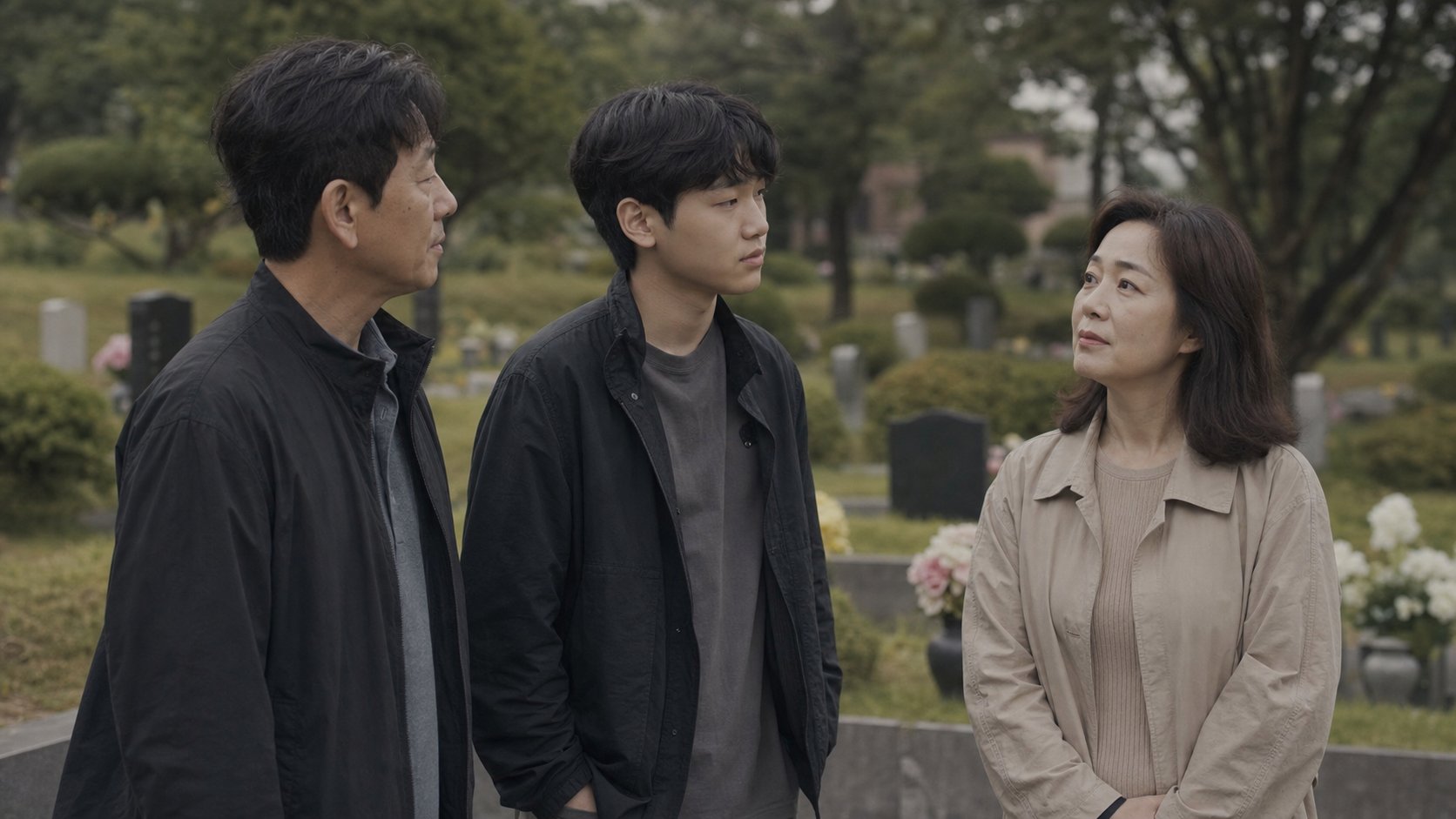 묘원을 둘러보며 이야기 나누는 가족