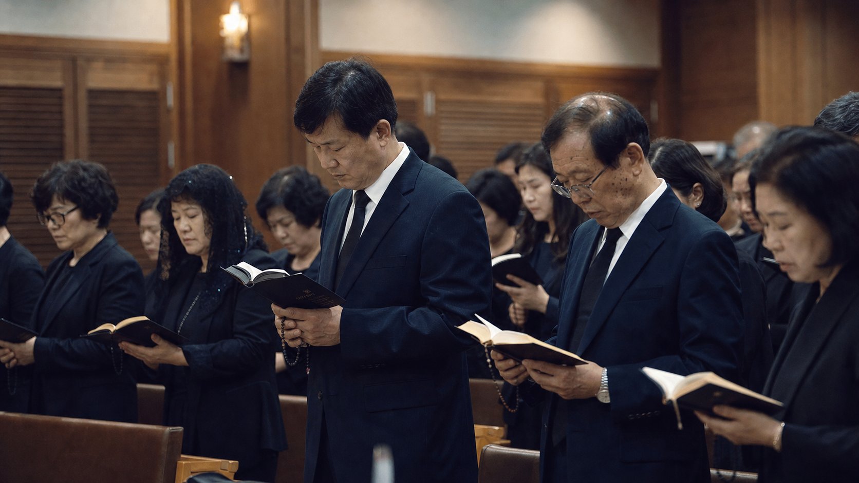 빈소에서 연도를 바치는 신자들