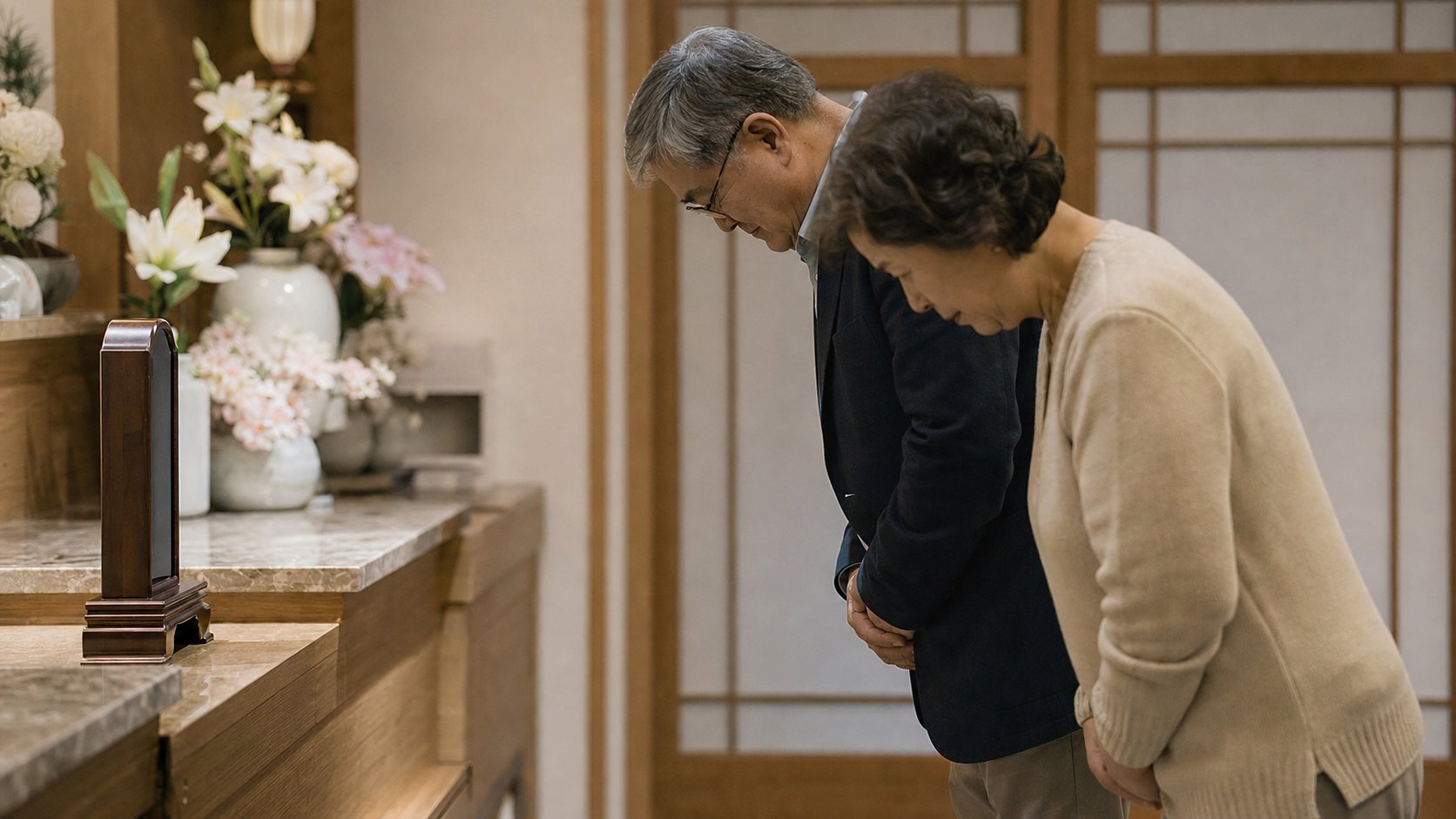 위패 앞에서 추모하는 노부부