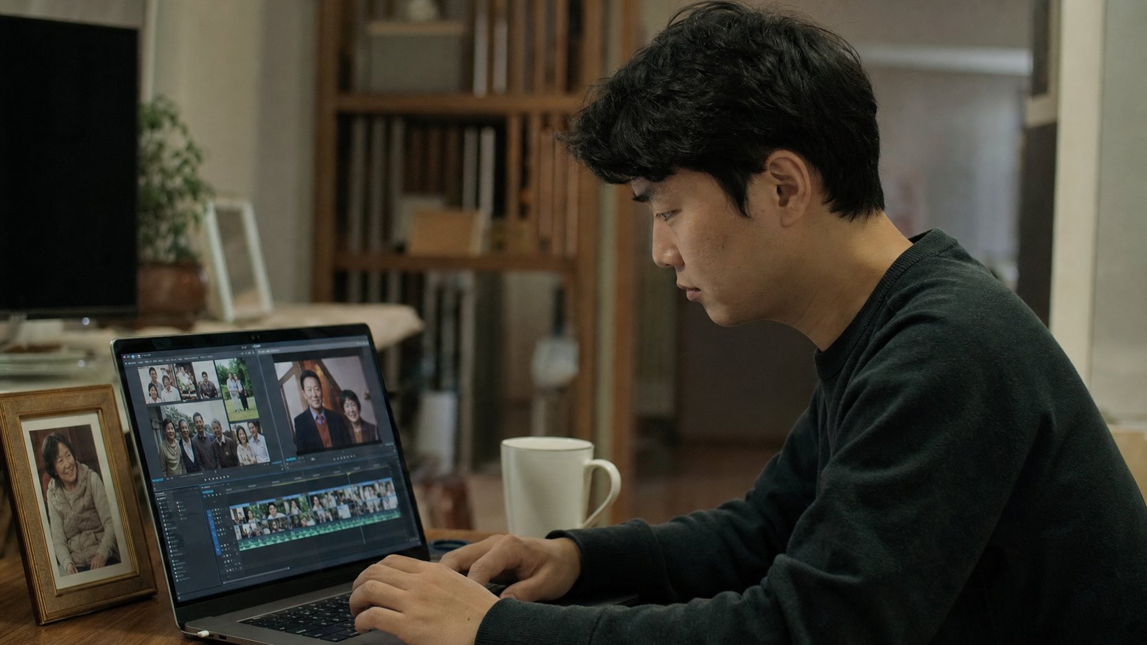 노트북으로 추모 영상을 편집하는 모습