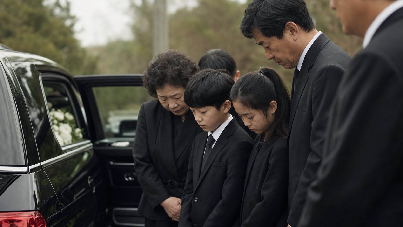 가족이 운구 차량 앞에서 고인을 배웅하는 모습