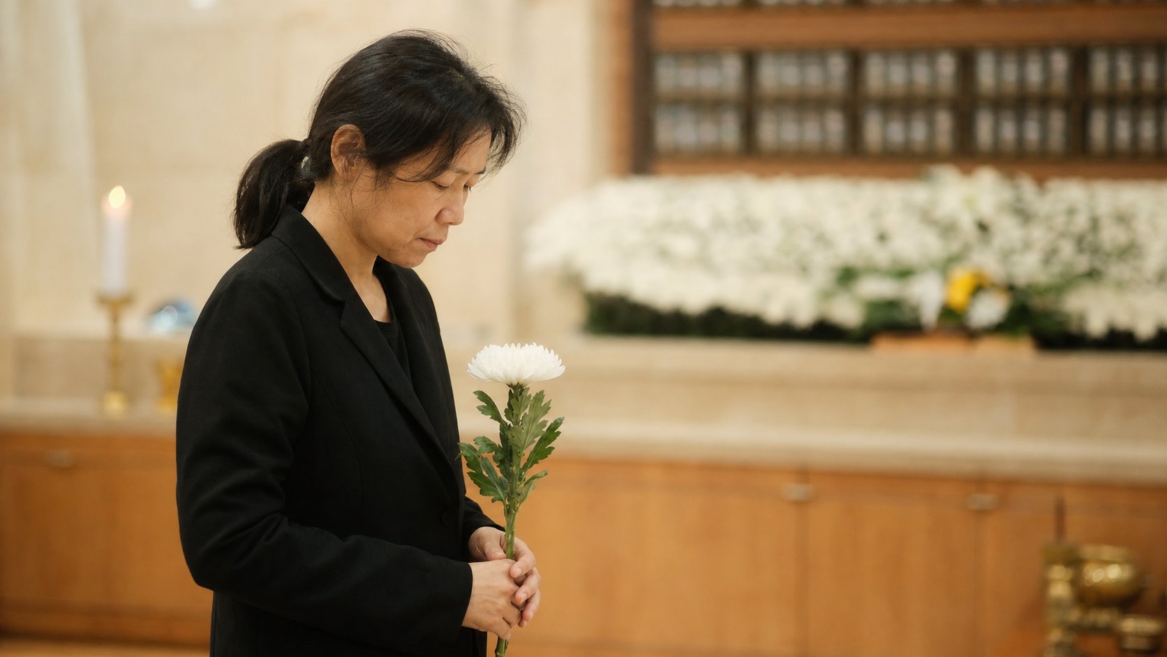 유가족이 흰 국화를 들고 추모 공간에서 고인을 추모하는 모습