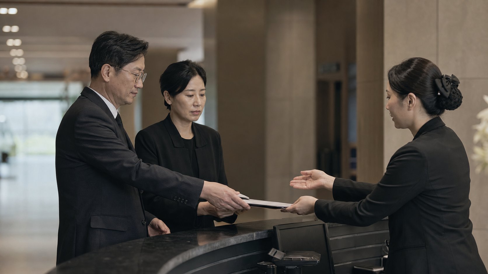 화장시설 접수 창구에서 부부가 직원의 안내를 받으며 서류를 건네는 모습