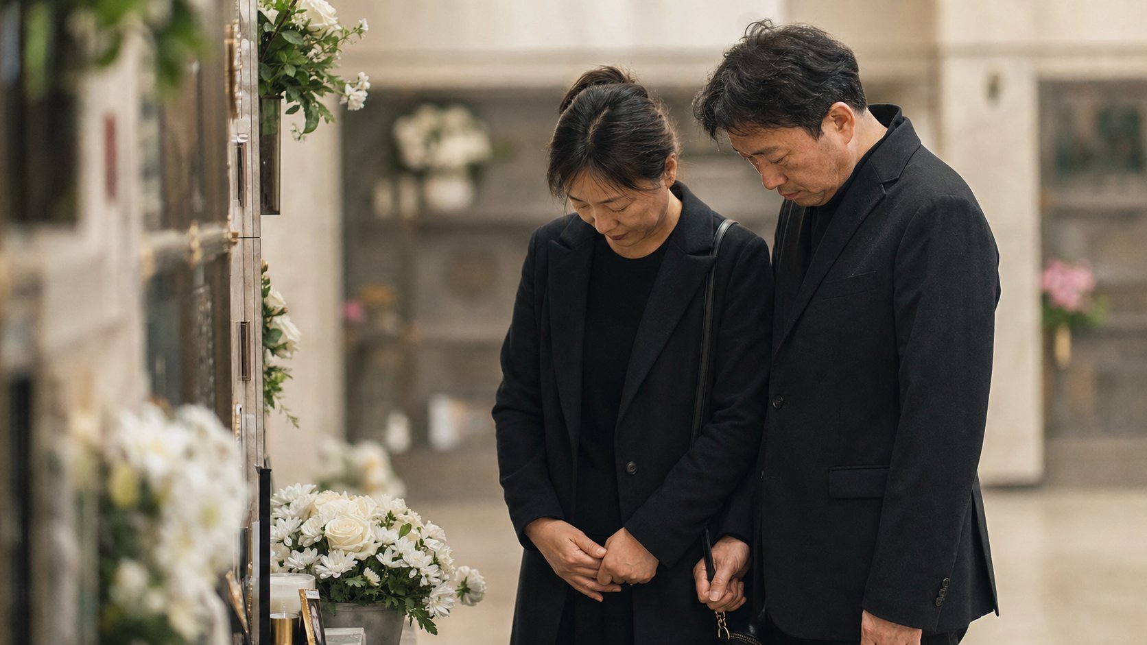 흰 꽃이 놓인 봉안 공간 앞에서 부부가 조용히 추모하는 모습