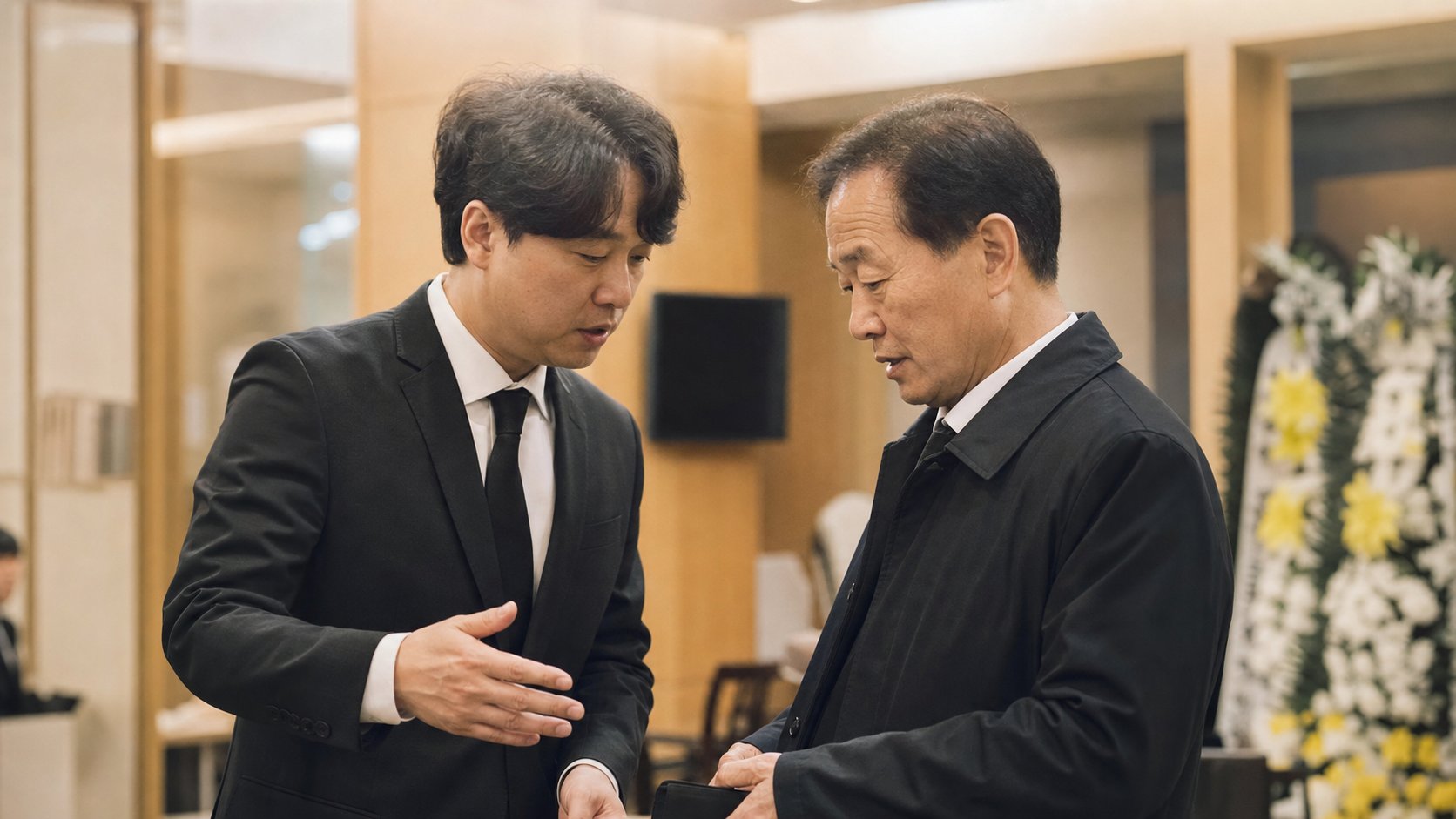 호상과 장례지도사가 함께 장례 진행을 의논하는 모습
