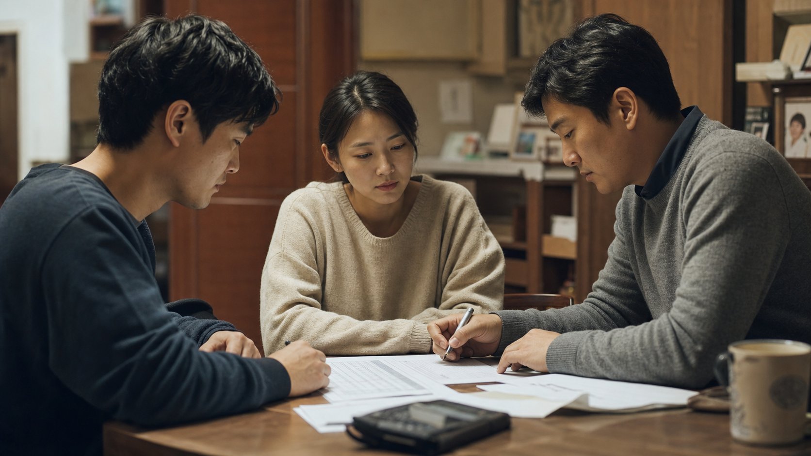 형제자매가 정리된 비용 내역서를 함께 확인하는 모습