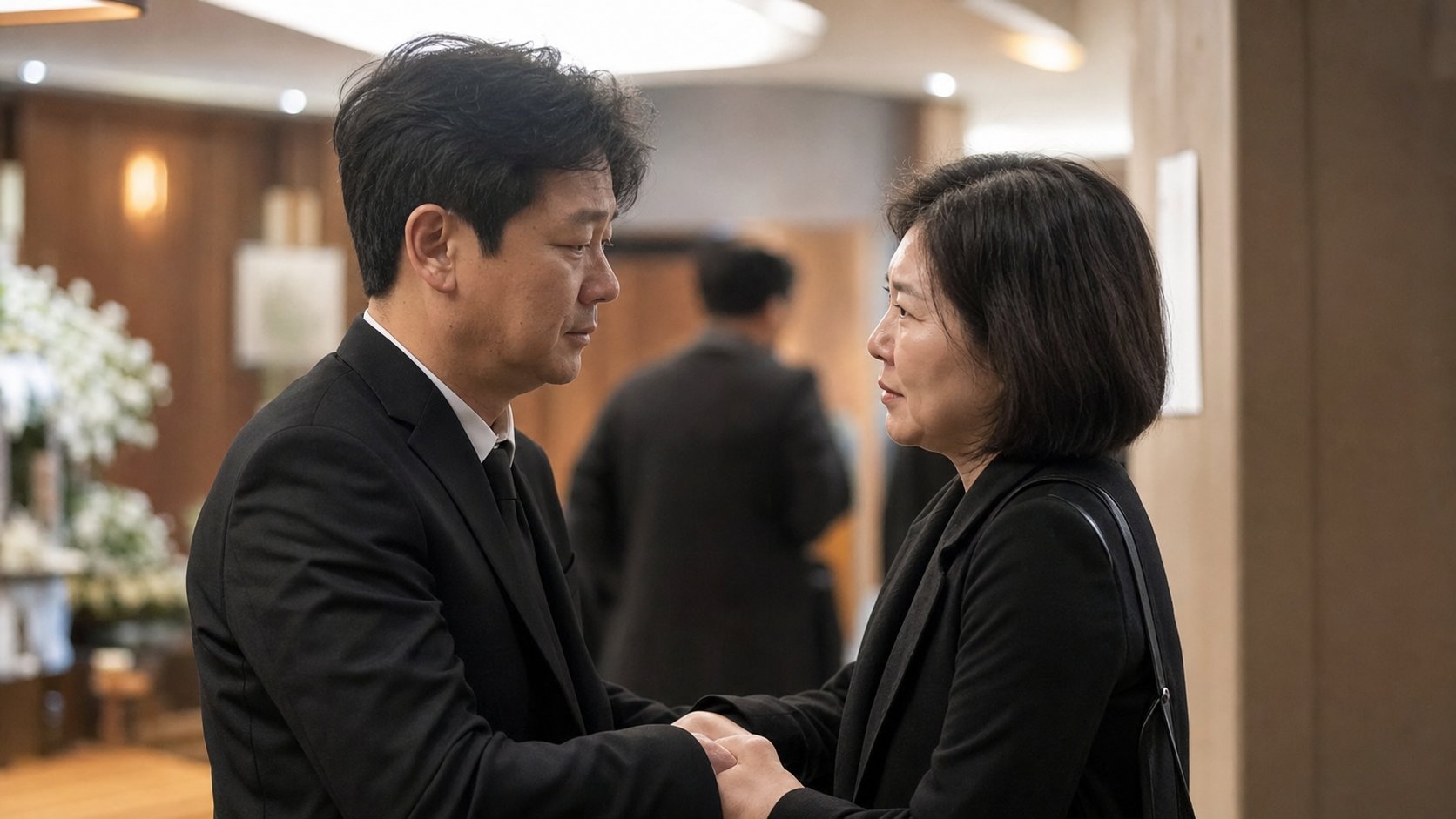 장례를 마친 형제자매가 서로를 위로하는 모습