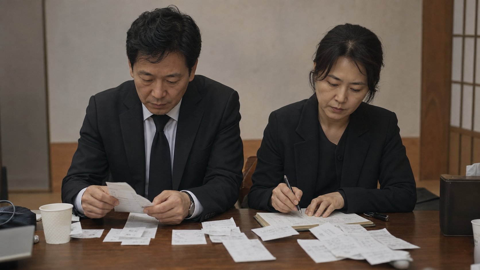 장례식장에서 가족이 영수증을 펼쳐 놓고 비용을 정리하는 모습