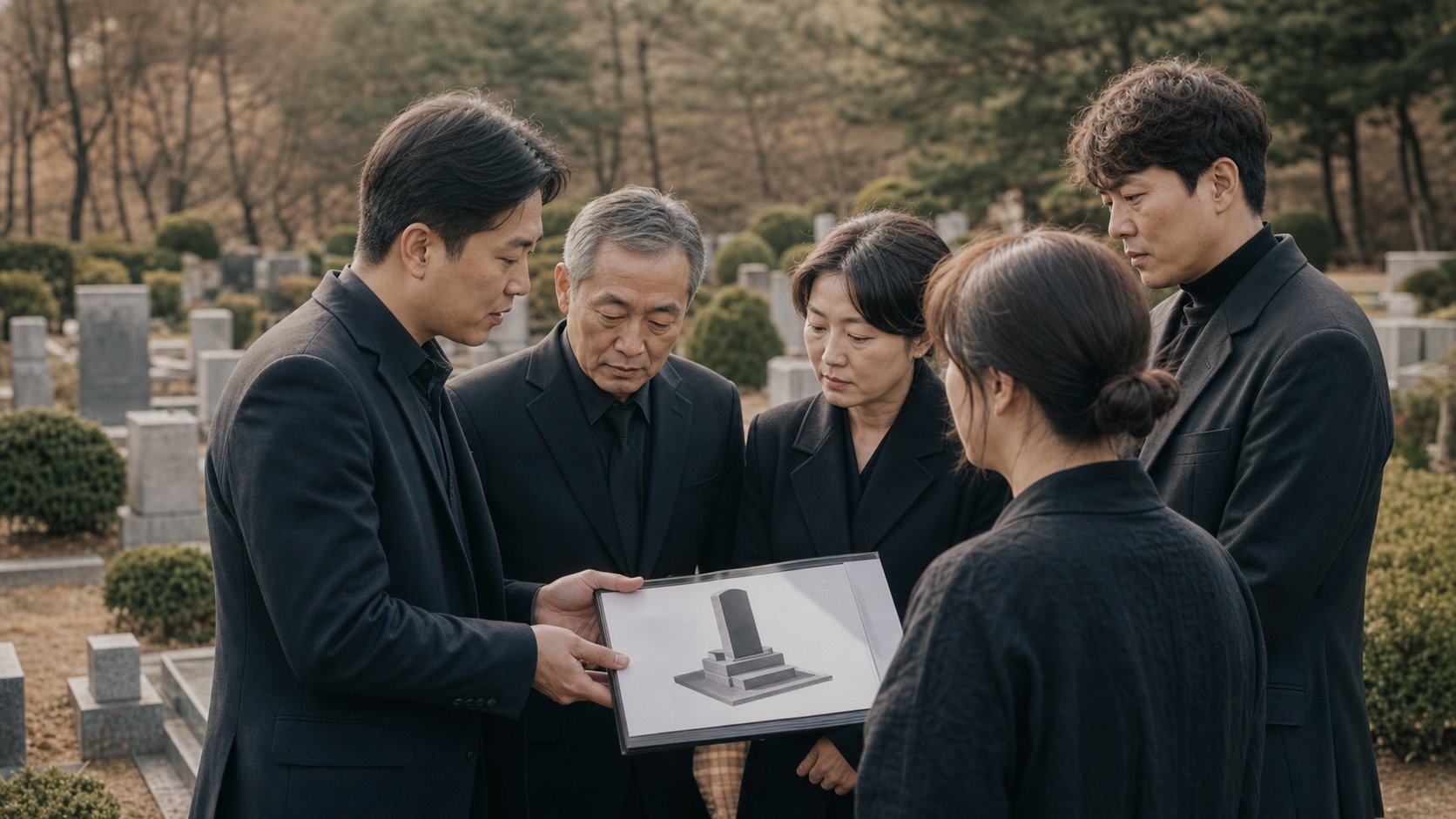 묘지에서 가족이 석재 업체 직원과 비석 시안을 상의하는 모습