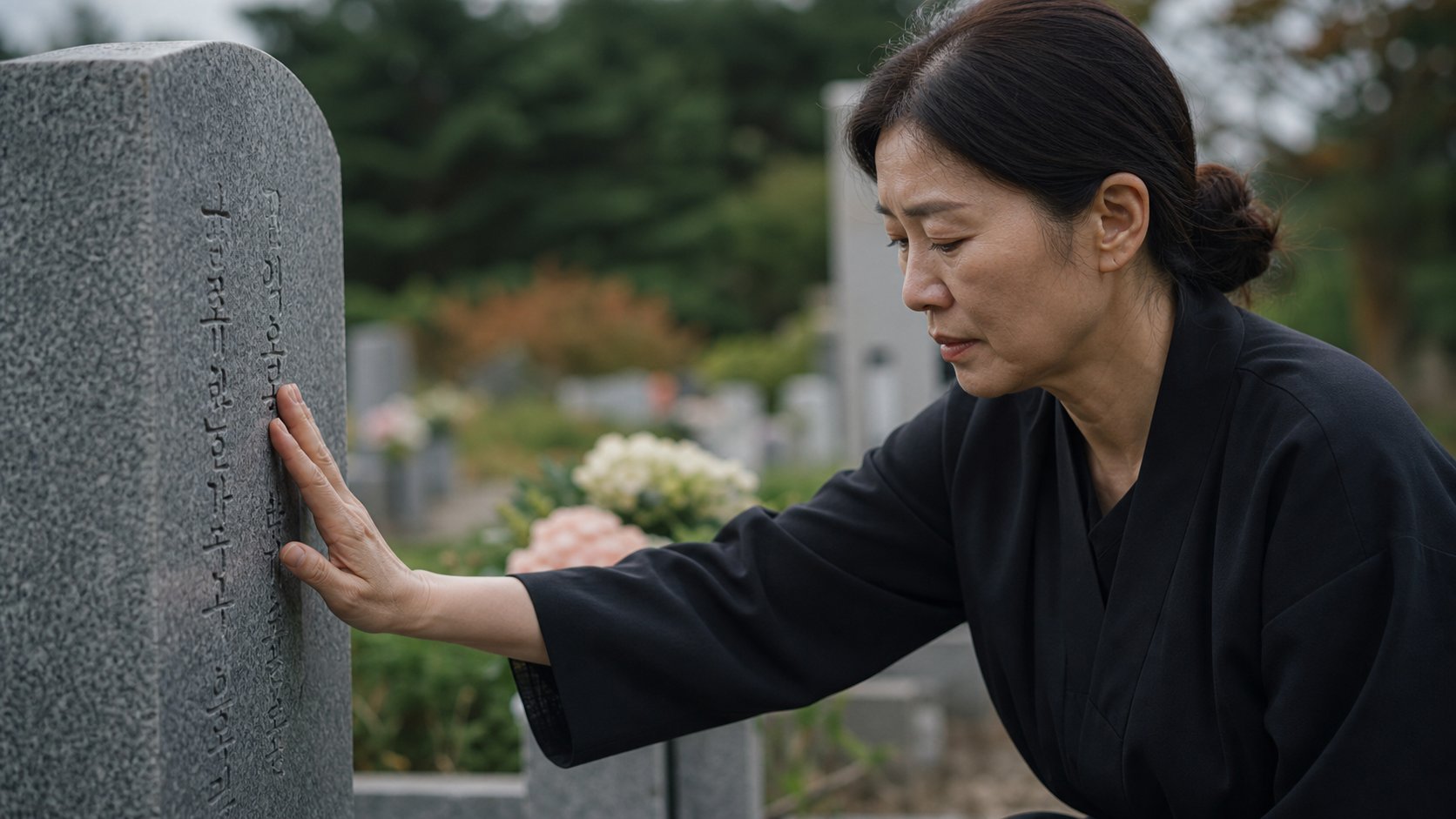가족이 비석의 글자를 어루만지며 고인을 추모하는 모습