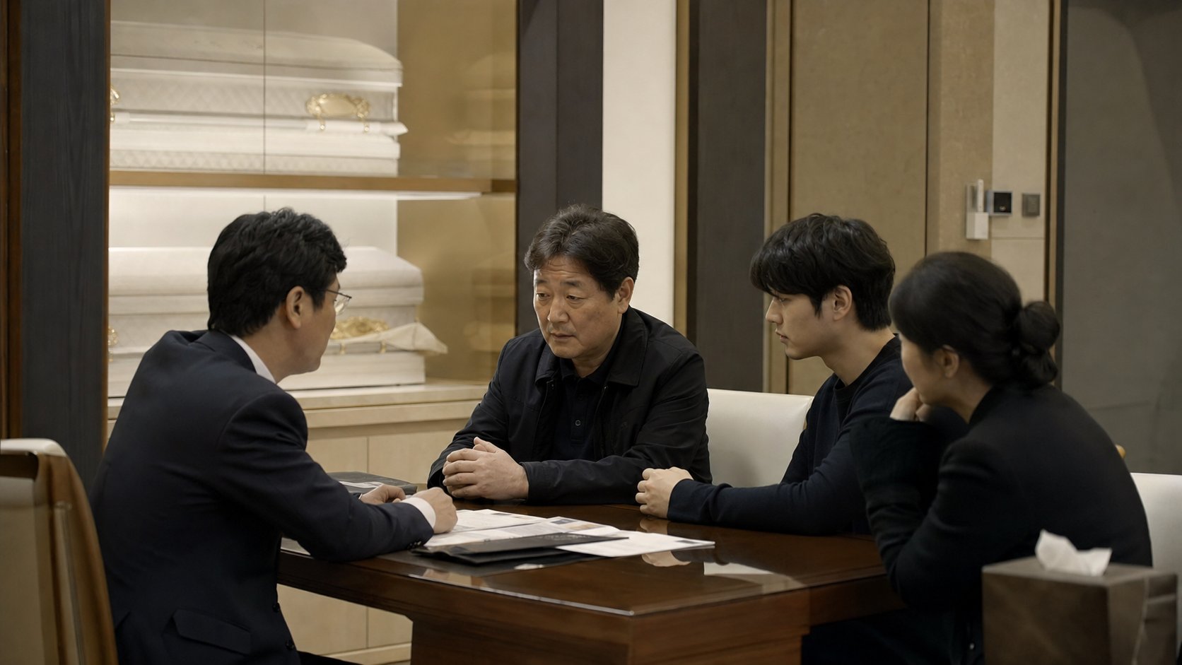 가족이 장례 담당자와 관 선택을 의논하는 모습