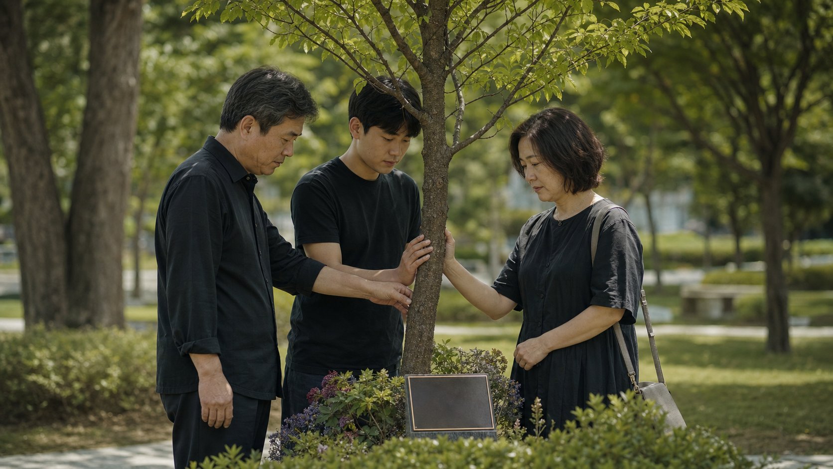 수목장 구역의 작은 나무 앞에서 가족이 추모하는 모습