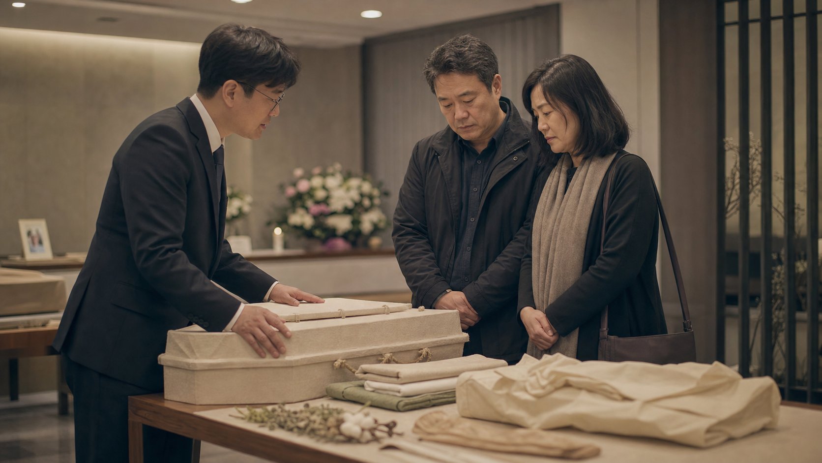 친환경 종이관과 천연 수의를 가족에게 보여주는 장면