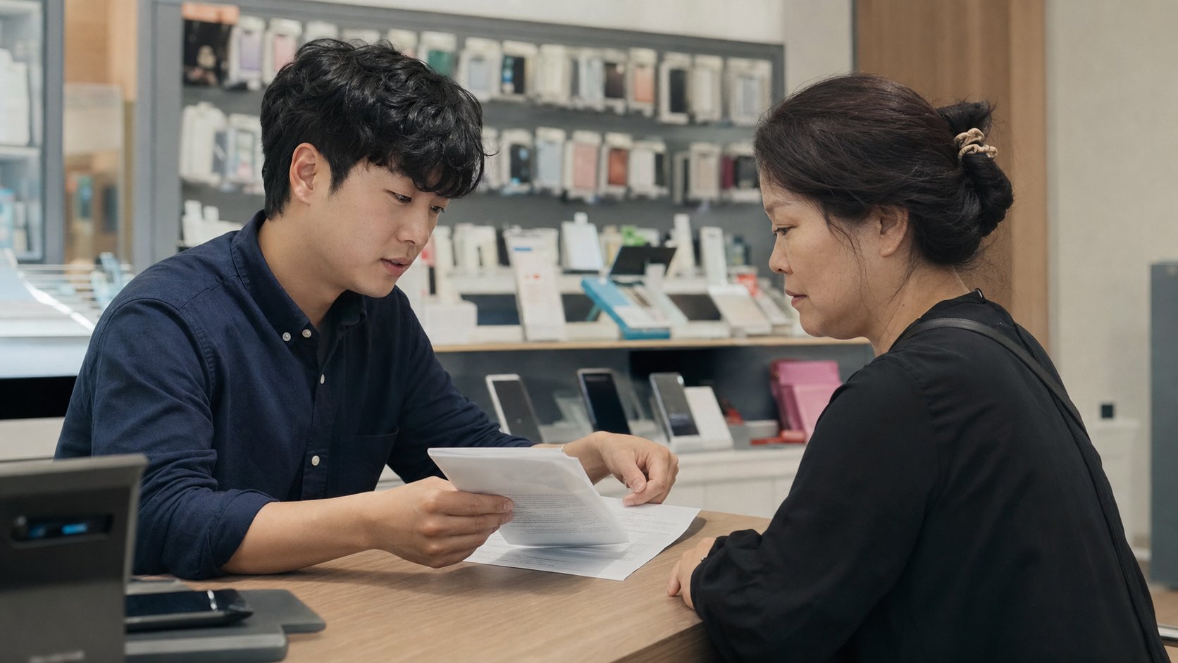 통신사 대리점에서 직원이 가족에게 명의 정리 서류를 설명하는 모습
