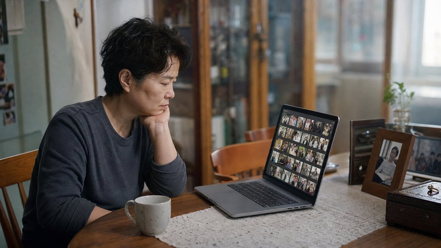 식탁에서 클라우드 화면으로 고인의 사진을 정리하는 가족