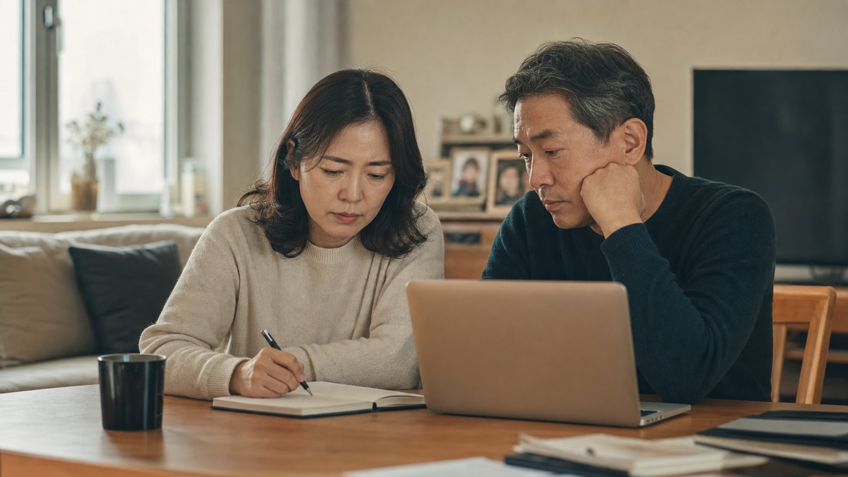 가족이 노트북과 메모지를 두고 정리 순서를 의논하는 장면
