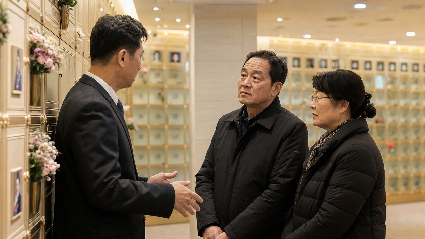 사설 봉안당 가족단 앞에서 직원이 가족에게 설명하는 장면