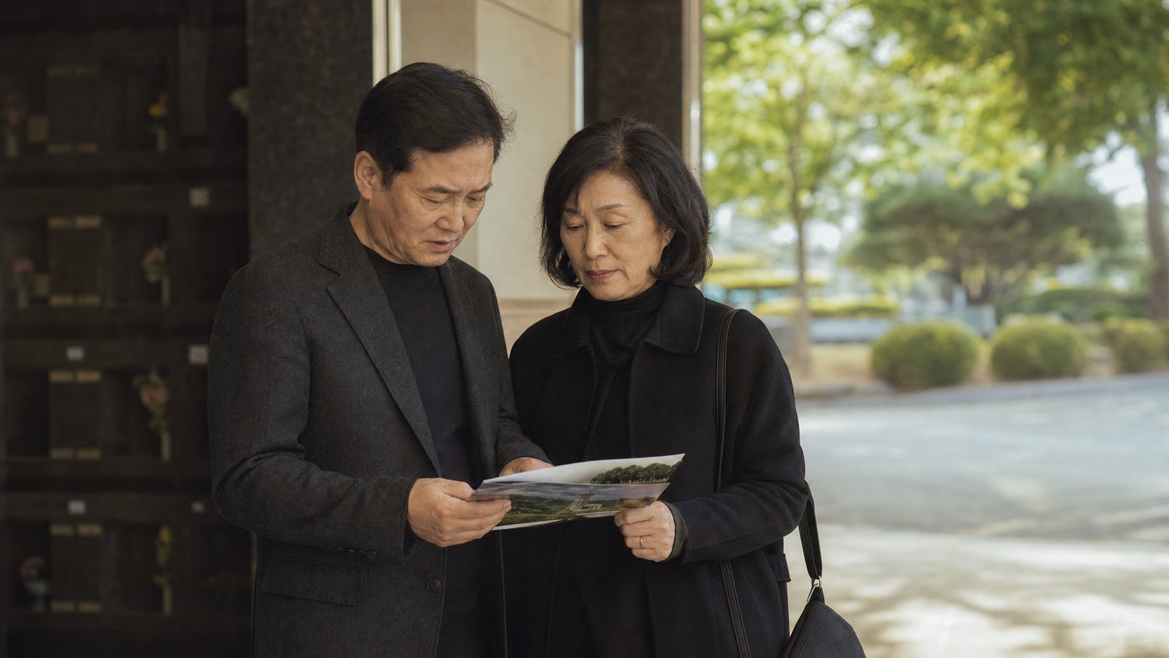 부부가 추모공원 봉안당 입구에서 안내 책자를 살펴보는 모습