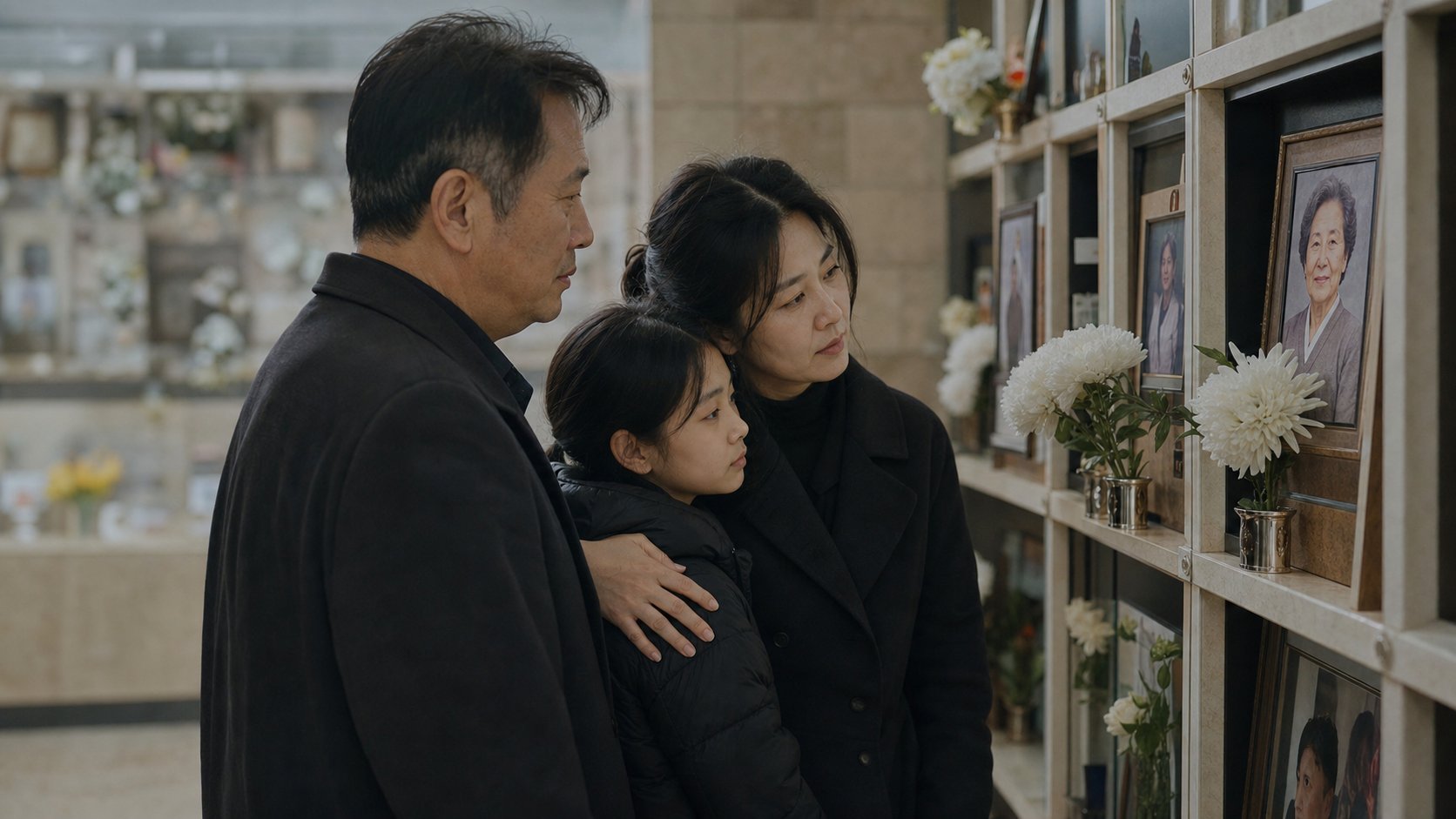 가족이 봉안당 가족단 앞에서 위패와 사진을 두고 추모하는 모습