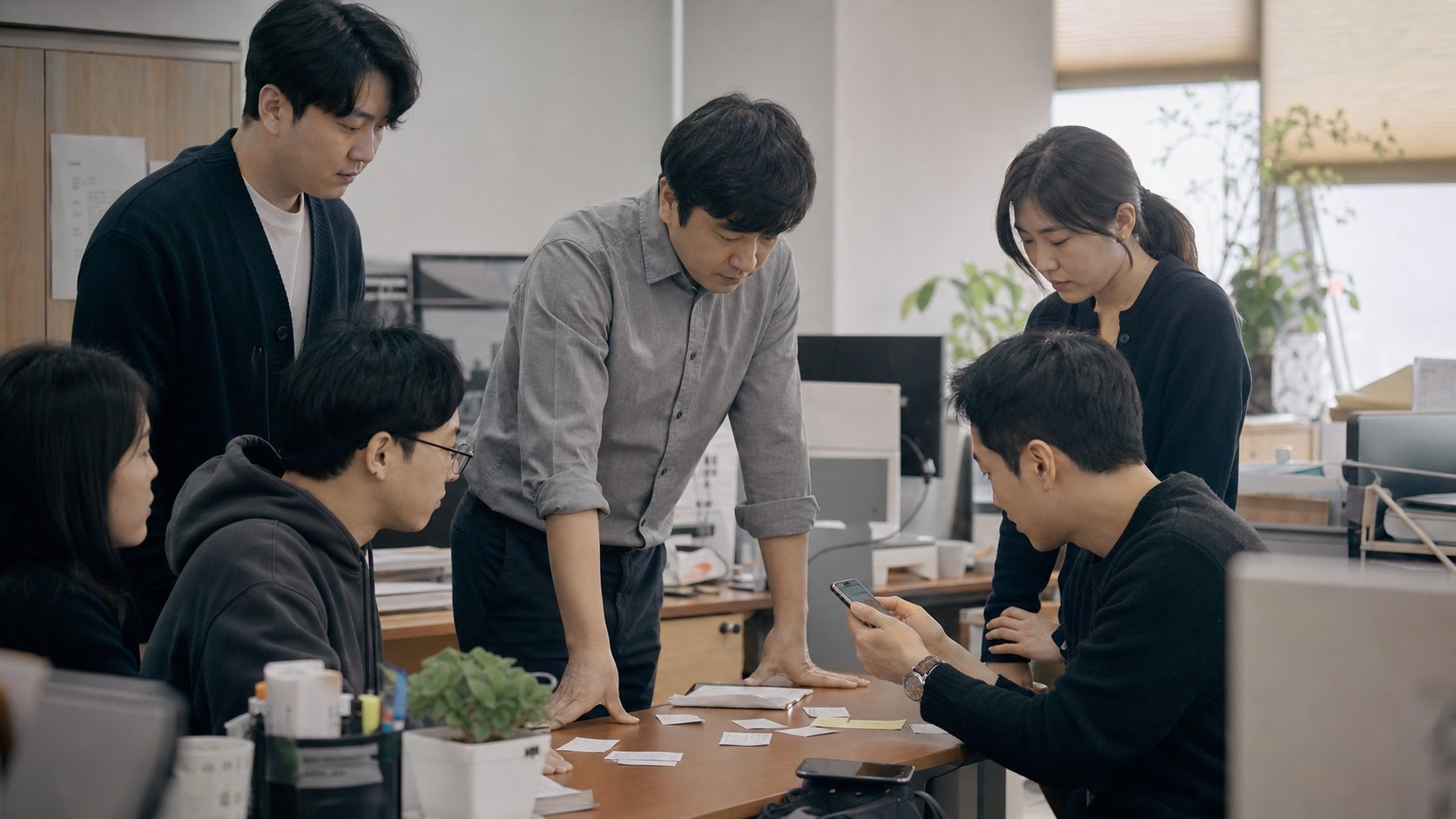 사무실에서 동료들이 단체 부의금 명단을 정리하는 모습