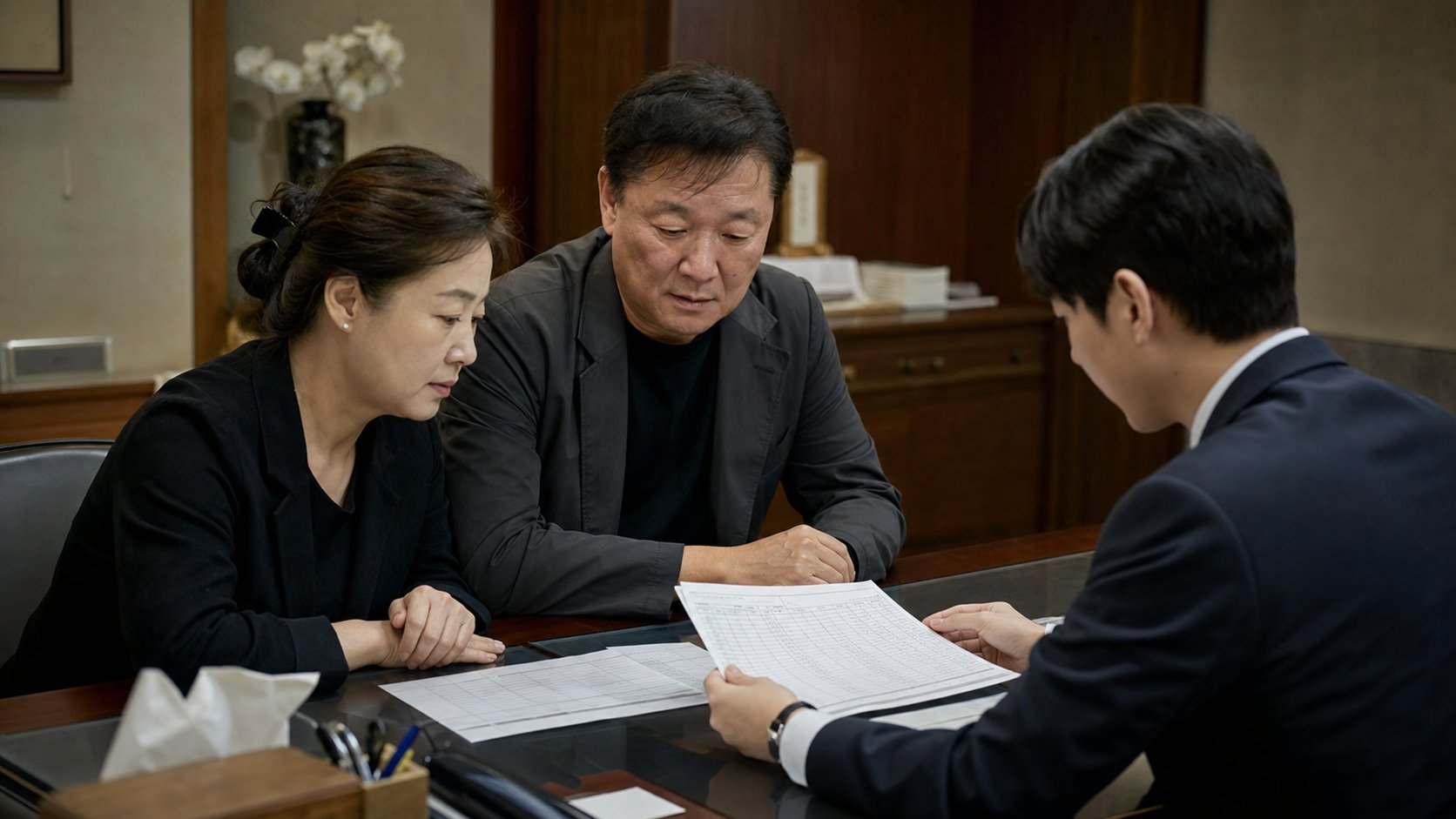 장례식장 사무실에서 가족이 요금표와 시간표를 살펴보는 모습