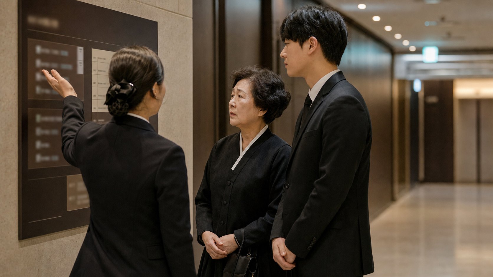 가족이 영안실과 안치실 위치 안내판 앞에서 직원의 안내를 듣는 모습