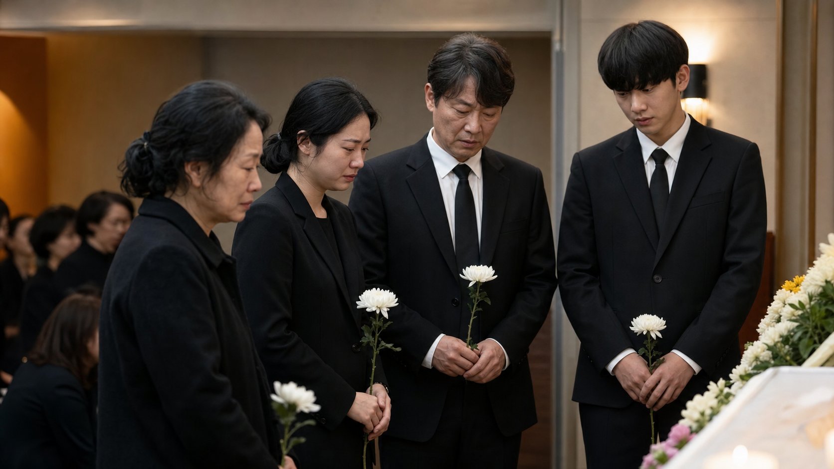 입관실에서 가족이 흰 국화를 들고 마지막 인사를 나누는 따뜻한 분위기