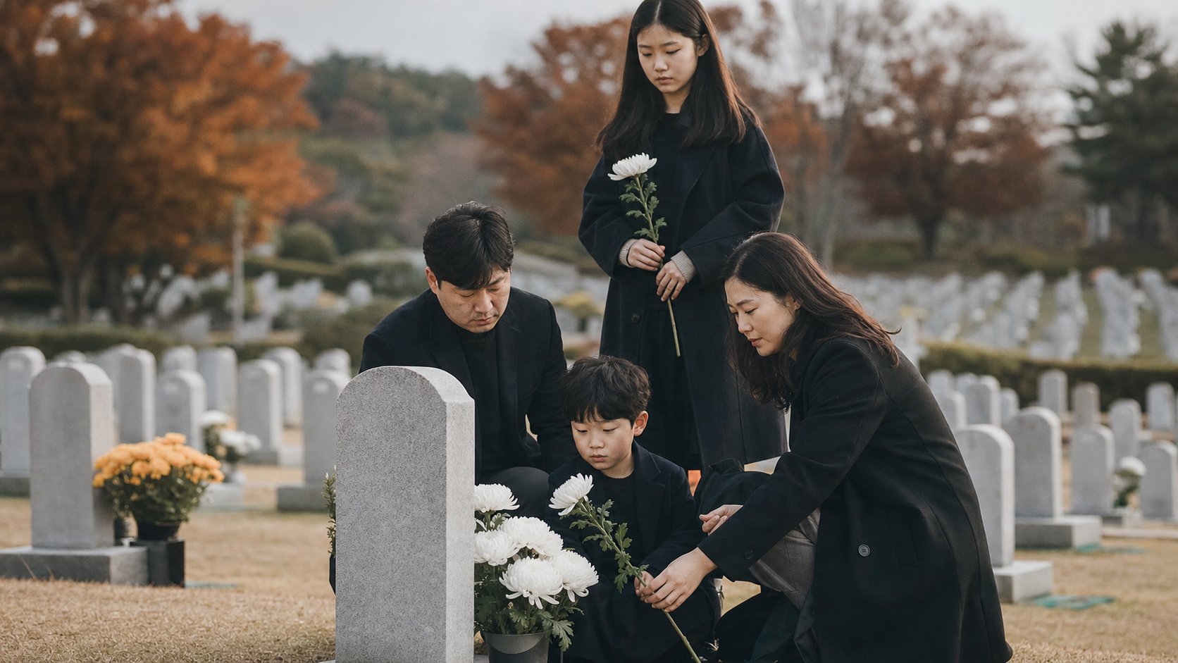 국립묘지에서 가족이 비석 앞에 헌화하며 추모하는 모습