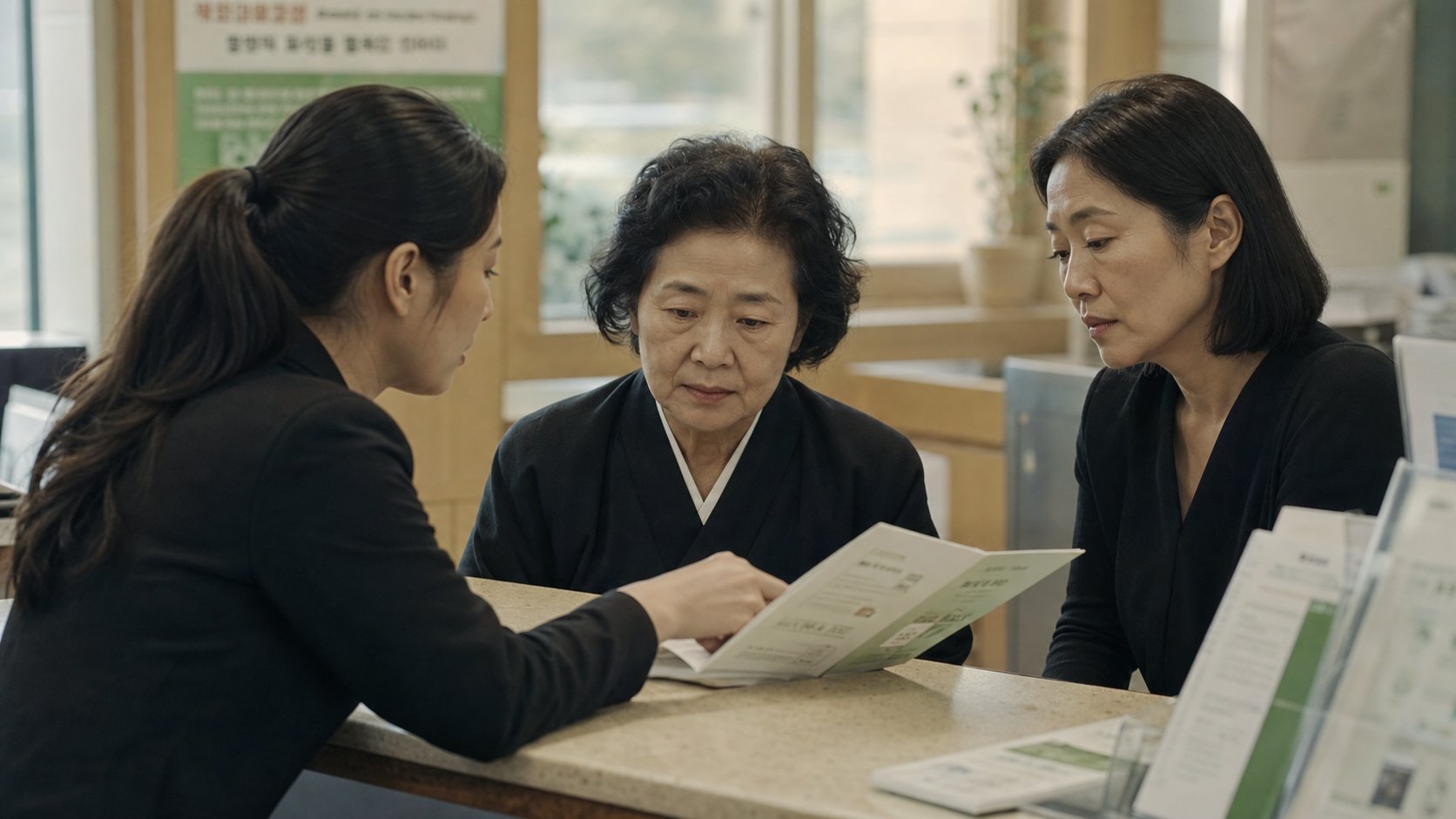 행정복지센터 사회복지 담당자가 가족에게 지원 제도를 설명하는 모습