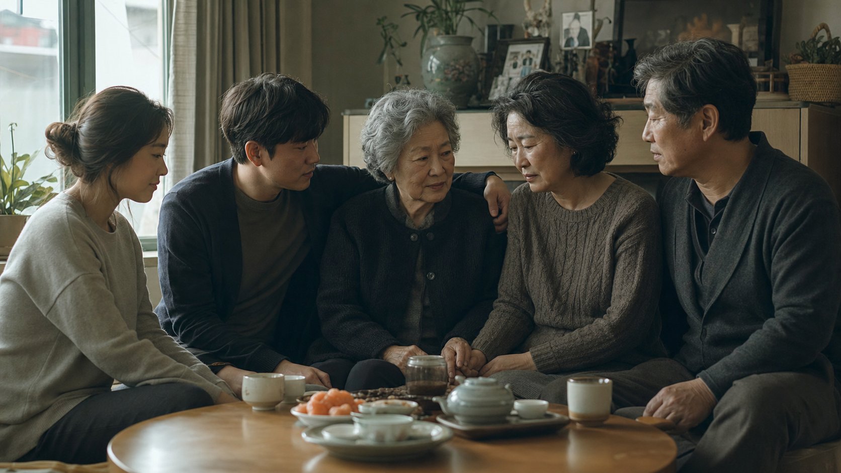 거실에 가족이 둘러앉아 차를 마시며 조용히 대화하는 모습