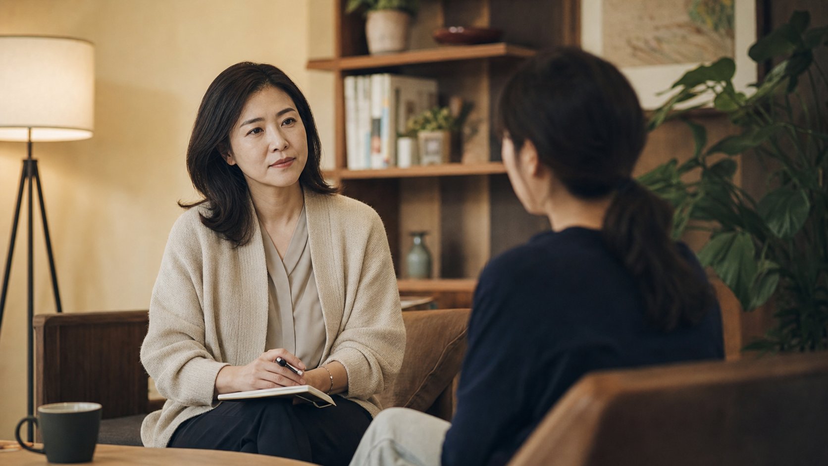 따뜻한 조명의 상담실에서 상담사가 내담자의 이야기를 경청하는 모습