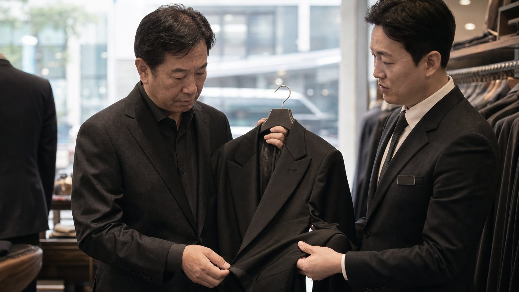 정장 매장에서 검정 양복을 점원과 상담하며 살펴보는 모습